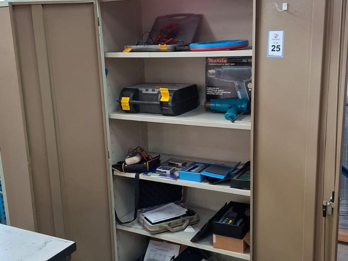 2 Door steel cabinet with contents - tools, testers, heat gun etc