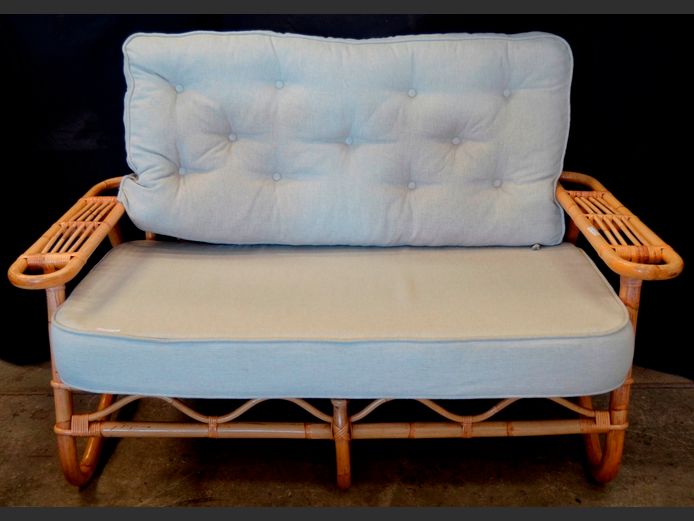 CANE 2-SEATER COUCH WITH BEIGE CUSHIONS, 130 x 73cm