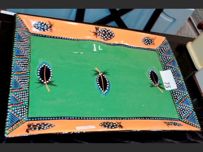 MULTI-COLOURED CERAMIC PLATTER SIGNED NOMBULELO MTIVO, 51 x 35.5cm