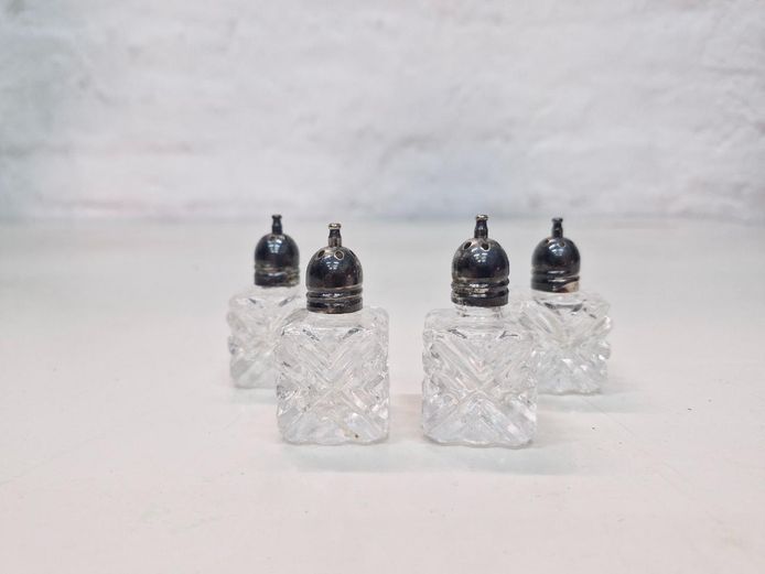 Cut Glass Salt & Pepper Shakers With Silver Plated Tops