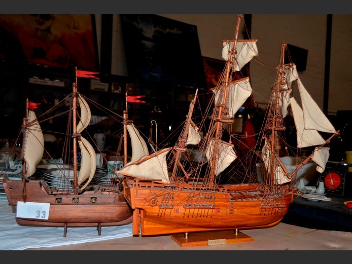 LOT OF 2: WOODEN MODEL SHIPS, 52 x 41cm & 41 x 51cm