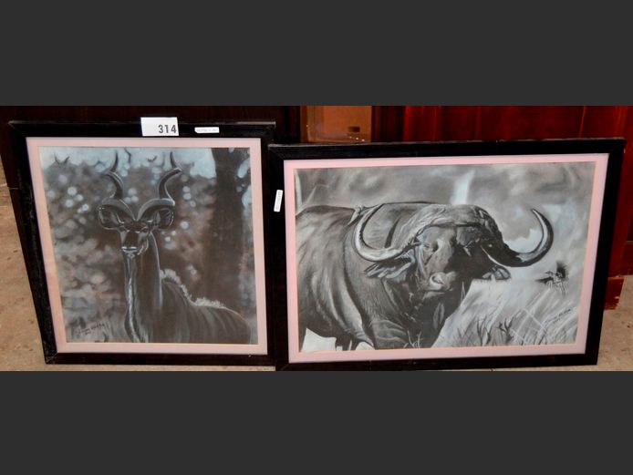 LOT: 2 x FRAMED PENCIL SKETCHES "BUFFALO & KUDU" BY LOUISA BLOKKAR, 60 x 41cm & 45 x 41cm