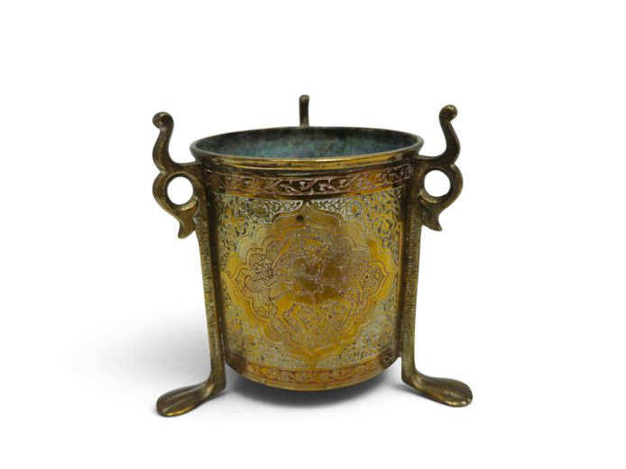 Antique Persian Qajar Style Engraved Brass Tripod Vessel