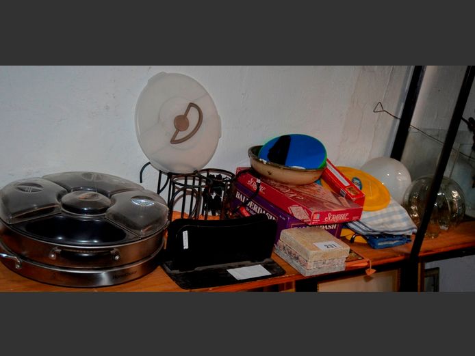 WINE BOTTLE HOLDER, HOME CHOICE ELECTRIC FOOD WARMER [Switches on, plastic lids damaged], etc