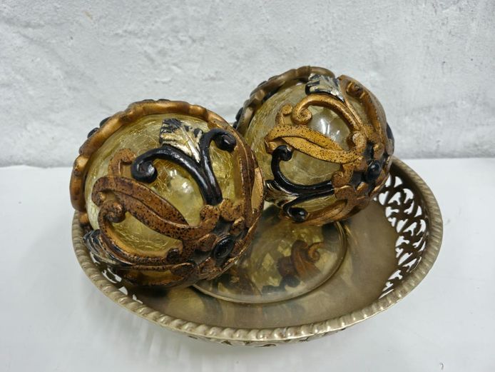 Plated Brass Pierced Bowl Set with Decorative Crackle Glass Orbs