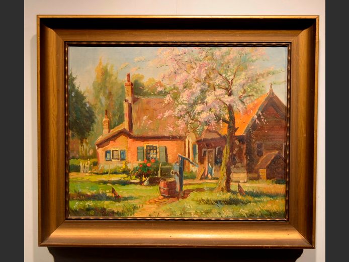 FRAMED OIL ON CANVAS "COTTAGE" SIGNED H. DAVEY, 48.1 x 38.1cm [In need of restoration]