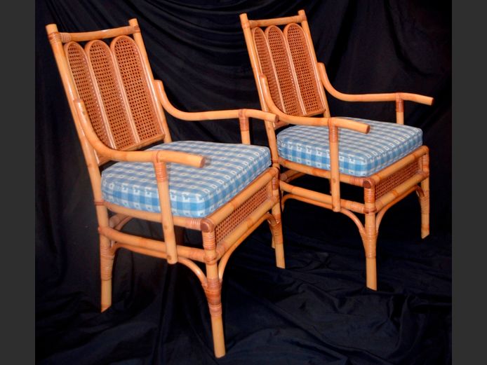 PAIR CANE & RATTAN ARMCHAIRS WITH CUSHIONS