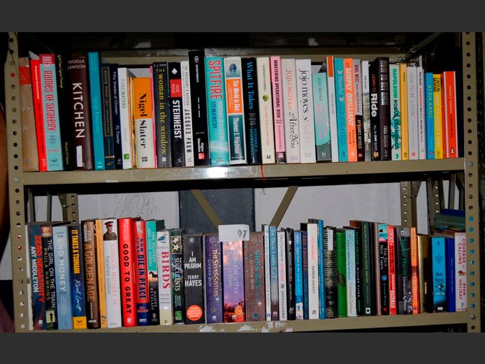 LOT ON 2 SHELVES: NOVELS, RECIPE BOOKS, etc