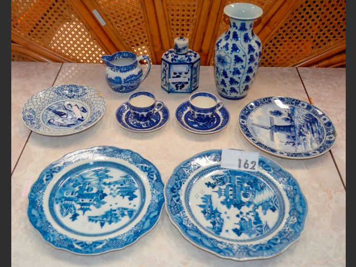 BLUE & WHITE VASE, MILK JUG, SIDE PLATES, etc