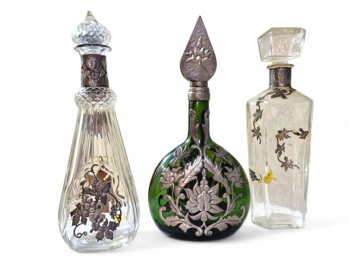 Antique Pewter Overlay Decanter Bottles