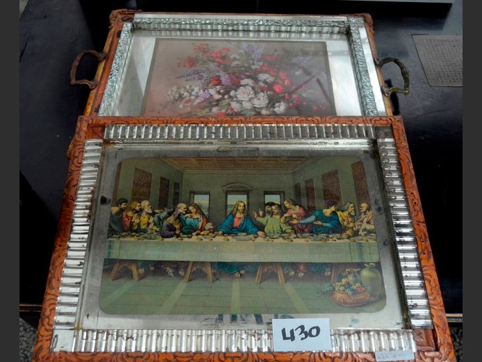 "LAST SUPPER" WOOD & GLASS TRAY & ANOTHER, 51 x 37cm