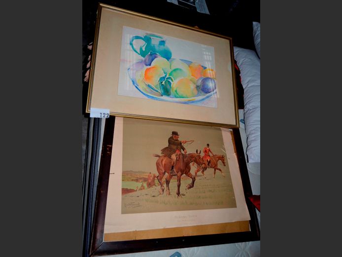 FRAMED WATERCOLOUR "FRUIT" & A HUNTING PRINT, 47 x 33.5cm & 50 x 39cm [Damaged]