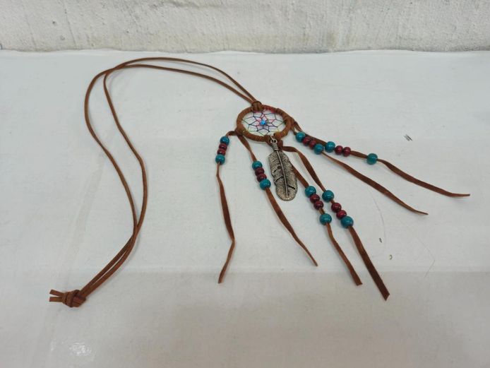 Boho Dreamcatcher Pendant Necklace with Beads and Metal Feather