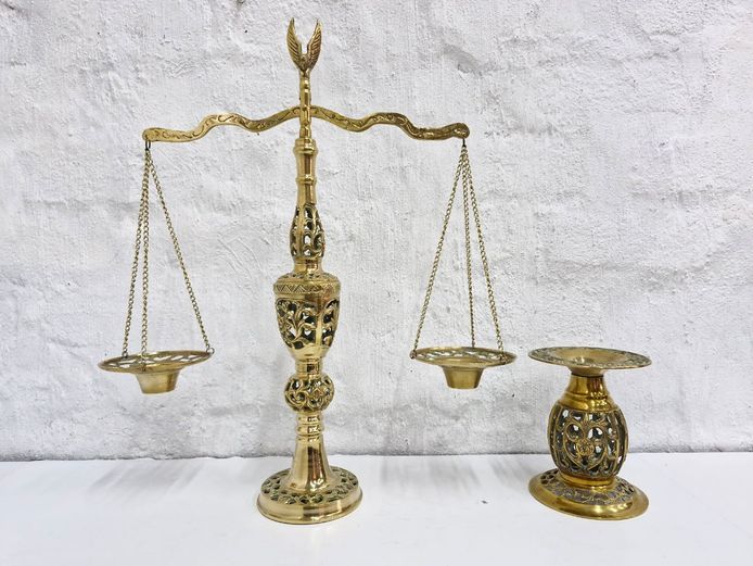 Vintage Ornate Pierced Brass Scales of Justice & Matching Candlestick