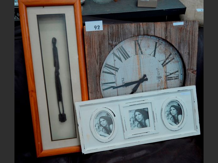 WOODEN FRAMED WALL CLOCK, 50 x 50cm, BOX FRAMED AFRICAN ARTWORK, 68 x 25cm, PICTURE FRAME, 55 x 23cm, etc