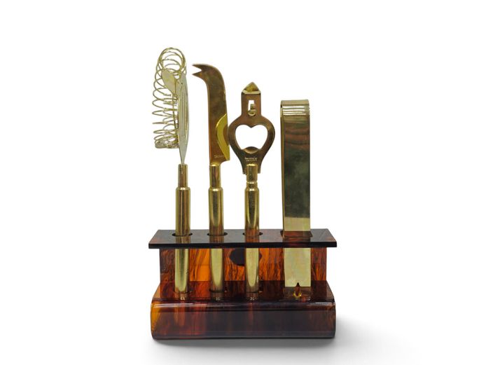 1970s Mid-Century Tivoli Gilt Barware Set with Faux Tortoiseshell Acrylic Stand