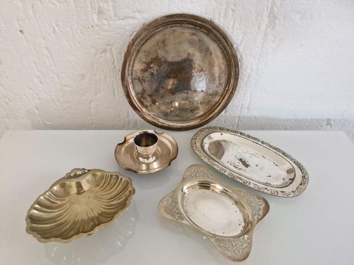 Set of 5 Silver Plated Trays, Egg Cup & Brass Footed Shell Dishes