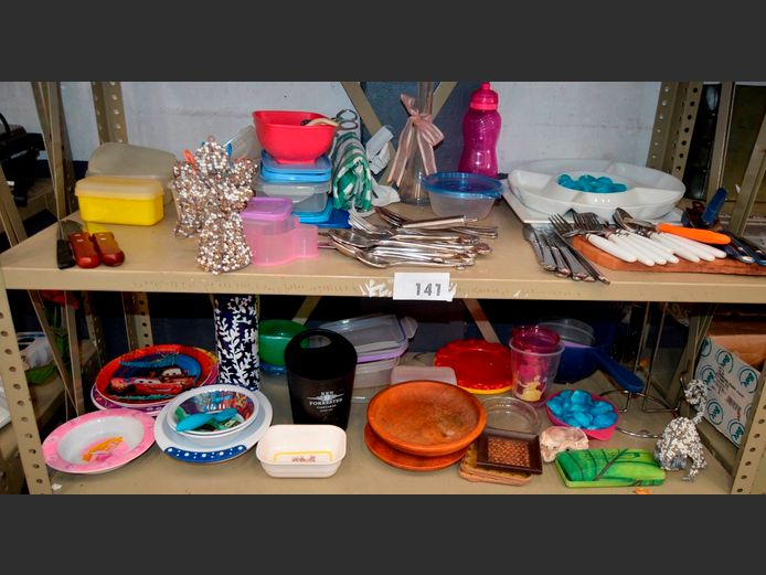 LOT ON 3 SHELVES: COFFEE MACHINE, FAN, HEATERS, CUTLERY, BOWLS, etc [Switch on, untested further]