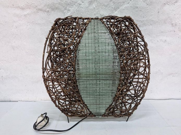Mid-Century Woven Rattan & Stacked Glass Table Lamp