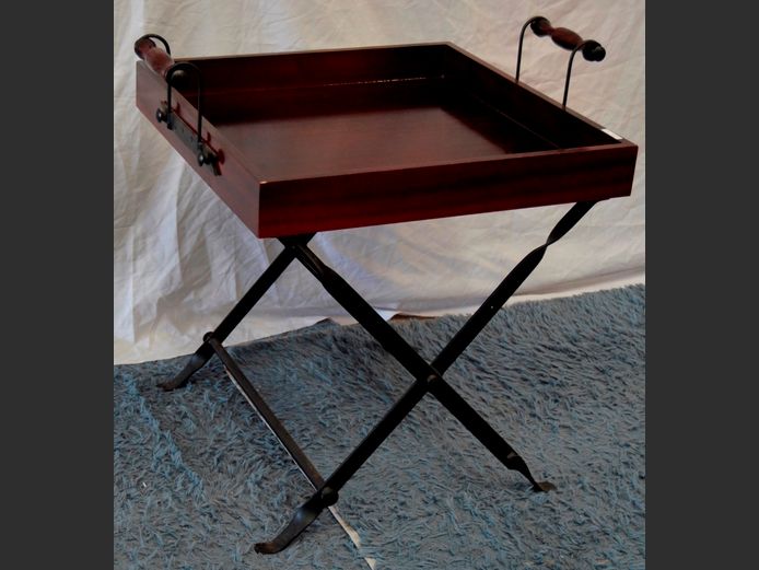 LARGE CHERRYWOOD TRAY TABLE WITH METAL BASE, 60 x 60 x 74cm