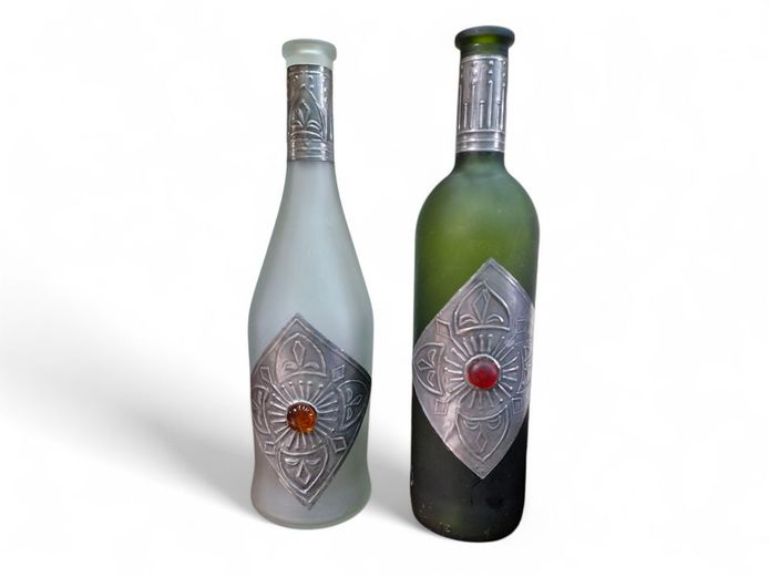 Pair of Decorative Decanters with Hammered Metal