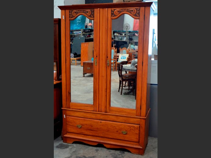 SATINWOOD 2-DOOR, SINGLE DRAWER MIRROR FRONT WARDROBE, 127 x 45 x 197cm