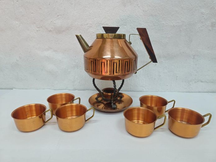 Mid-Century Modern Copper & Brass Kettle Set with Warmer Stand