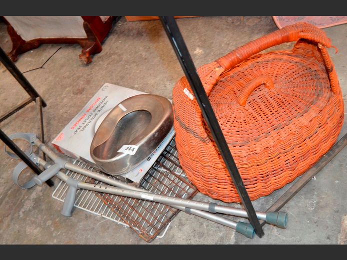 WICKER BASKET [Handle needs repairs], STAINLESS STEEL BED PAN, CRUTCHES, etc