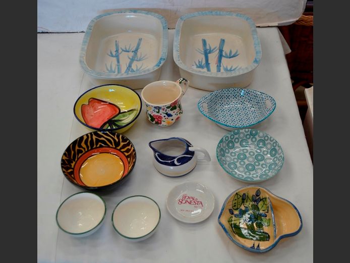 PAIR STONEWARE OVEN DISHES, OLIVE BOWL, CREAMER, etc