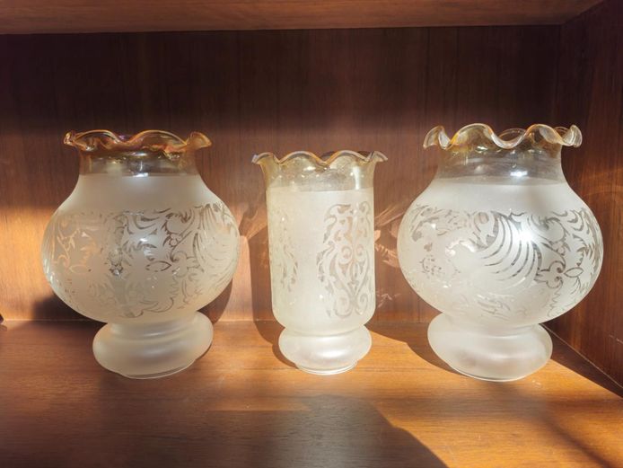 Set of 3 Vintage Frosted and Etched Glass Lamp Shades
