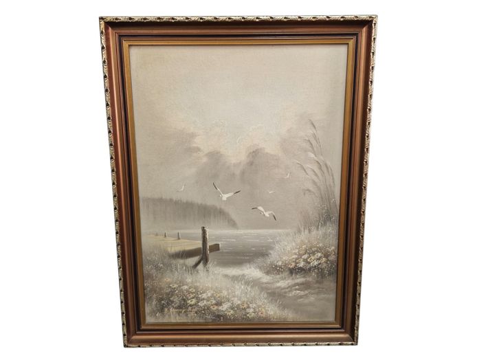 Framed Coastal Landscape Oil Painting by J. Harvey