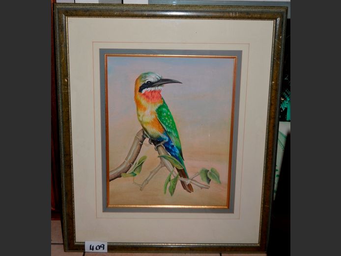 FRAMED MIXED MEDIA "WHITE FEATHERED BEE EATER" SIGNED R.Buric, 46 x 36cm