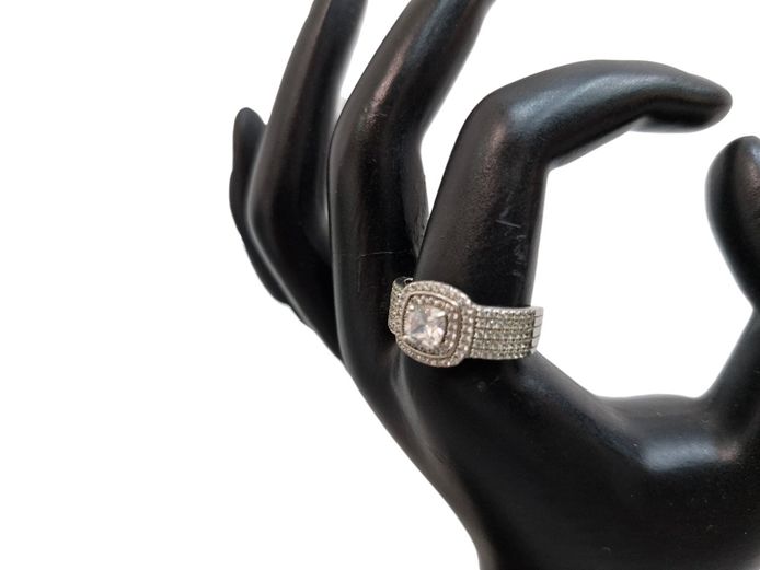 Sterling Silver Cushion-Shaped Cubic Zirconia Double Halo Ring