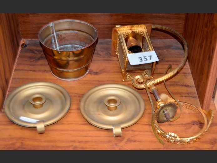 BRASS PLANTER, BRASS PLATE & GLASS WALL LIGHT, etc