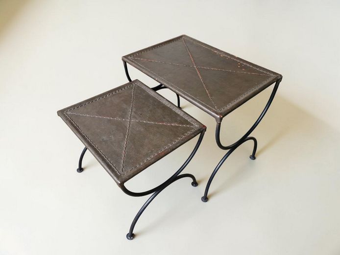 Vintage Nest of 2 Wrought Iron Side Tables with Stitched Genuine Leather Tops