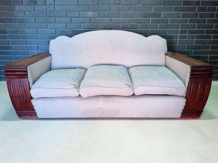 Art Deco Upholstered Sofa with Carved Wooden Arms & Spring Seat Cushions