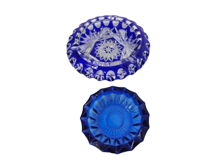 Pair of Vintage Bohemian Glass Ashtrays - Cut-to-Clear Crystal & Molded Blue Glass