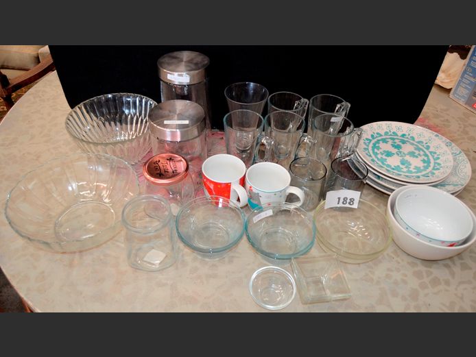 PLATES, BOWLS, MUGS, GLASS BOWLS, etc