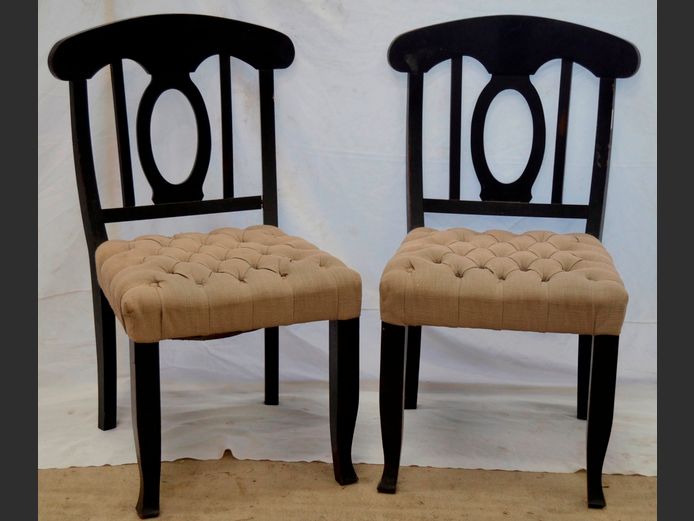 PAIR BLACK DINING CHAIRS WITH BEIGE UPHOLSTERED BUTTONED SEATS