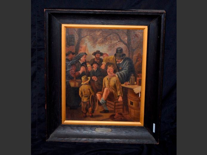 DARKWOOD FRAMED OLEOGRAPH "DE TANDMEESTER" BY JAN STEEN, 47 x 37cm