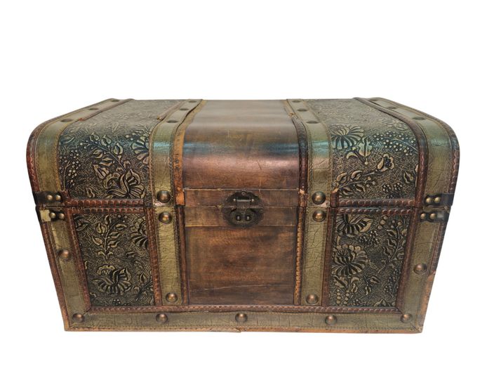Vintage Style Embossed Floral & Studded Timber Domed Keepsake Trunk