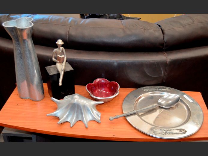 PEWTER VASE, PEWTER SEASHELL, SILVER PLATE CHARGER PLATES, etc