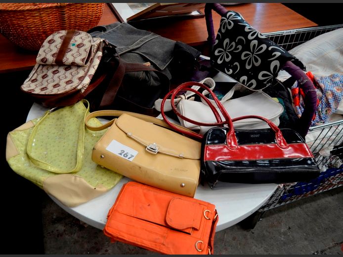 ASSORTED HANDBAGS, CLUTCH BAGS, etc [Peeling & need a clean] [Excl. bin]