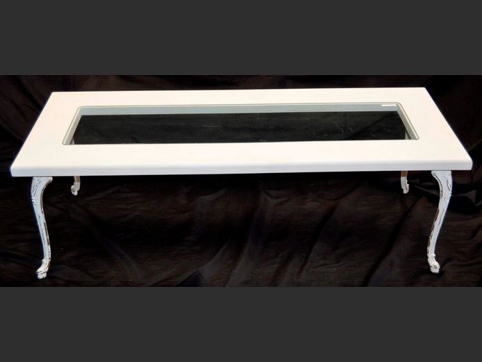 WHITE RECTANGULAR COFFEE TABLE WITH GLASS TOP, 123 x 48 x 40cm