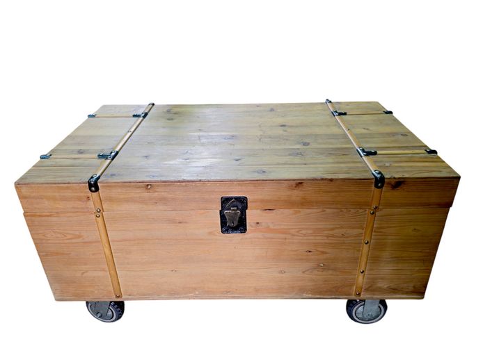 Vintage-Style Industrial Wooden Trunk Coffee Table on Casters