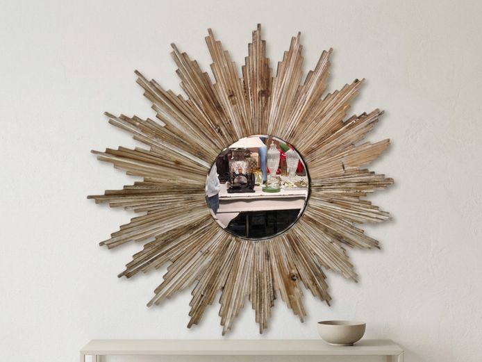 Modernist Whitewashed Wooden Sunburst Wall Mirror