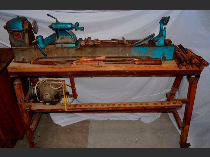 TAUCO LATHE WITH ATTACHMENTS & CHISELS, 161 x 63 x 135cm [Switches on, untested further]
