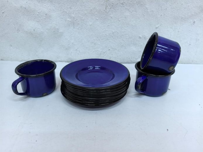 Vintage Cobalt Blue Enamelware Espresso Cups & Saucers