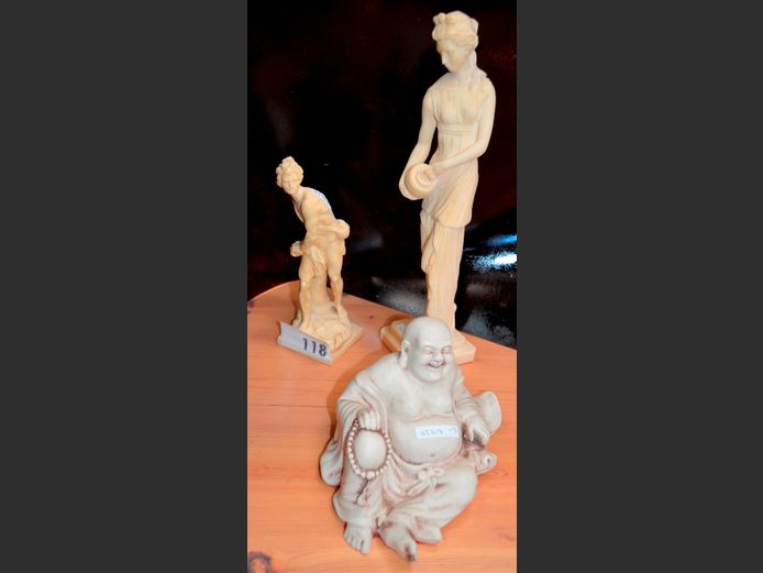RESIN SEATED LAUGHING BUDDHA, 22 x 15 x 13cm, & 2 x LADY FIGURINES, 39cm & 24cm High