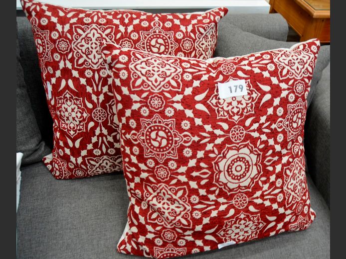 PAIR RED & WHITE SCATTER CUSHIONS, 55 x 55cm